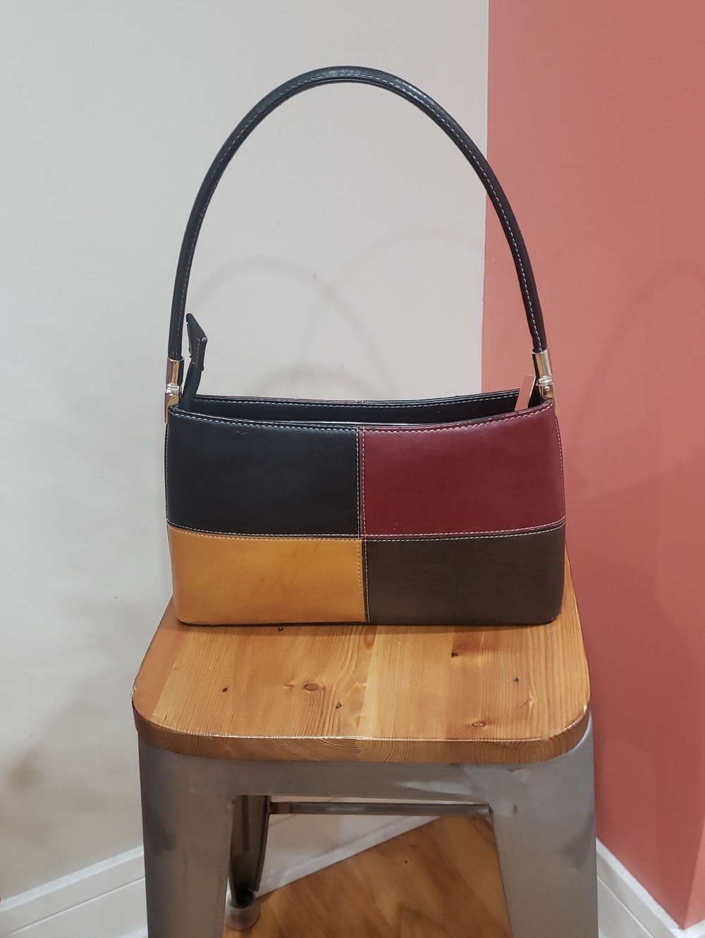 Patchwork Leather Like Shoulder Bag - Multicolor